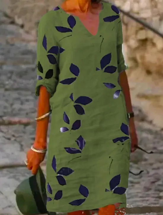 Online Women's Cotton Linen Midi Dress Casual Dress Dress Shift Dress Midi Dress Print Casual Daily Vacation V Neck Half Sleeve Summer Spring White Purple Leaf Women Casual Dress