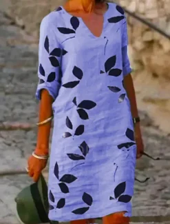 Online Women's Cotton Linen Midi Dress Casual Dress Dress Shift Dress Midi Dress Print Casual Daily Vacation V Neck Half Sleeve Summer Spring White Purple Leaf Women Casual Dress