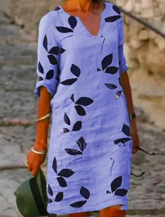 Online Women's Cotton Linen Midi Dress Casual Dress Dress Shift Dress Midi Dress Print Casual Daily Vacation V Neck Half Sleeve Summer Spring White Purple Leaf Women Casual Dress