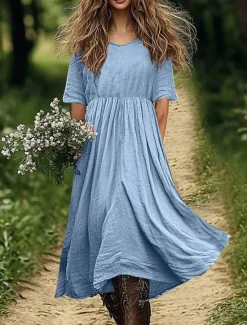 New Women's Cotton Linen Midi Dress Shift Dress A Line Dress Summer Dress Casual Daily Holiday Loose Fit Plain Short Sleeve V Neck White Pink Blue Green Summer Spring Women Dresses