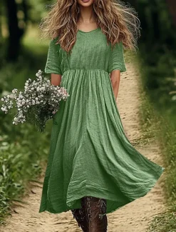 New Women's Cotton Linen Midi Dress Shift Dress A Line Dress Summer Dress Casual Daily Holiday Loose Fit Plain Short Sleeve V Neck White Pink Blue Green Summer Spring Women Dresses