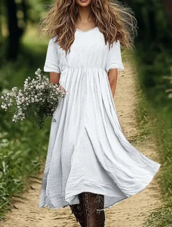 New Women's Cotton Linen Midi Dress Shift Dress A Line Dress Summer Dress Casual Daily Holiday Loose Fit Plain Short Sleeve V Neck White Pink Blue Green Summer Spring Women Dresses