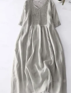 Discount Women's Cotton Linen Midi Dress A Line Dress Summer Dress Casual Daily Regular Fit Plain Half Sleeve Crew Neck White Blue Purple Green Summer Women Dresses|Casual Dress