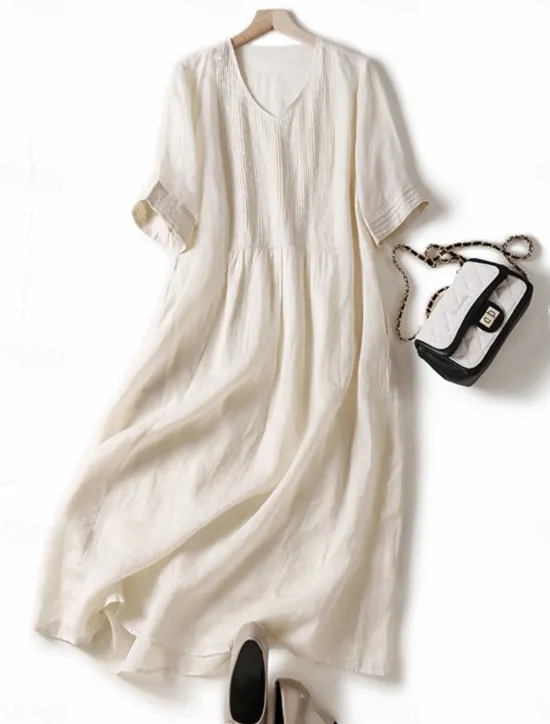 Discount Women's Cotton Linen Midi Dress A Line Dress Summer Dress Casual Daily Regular Fit Plain Half Sleeve Crew Neck White Blue Purple Green Summer Women Dresses|Casual Dress