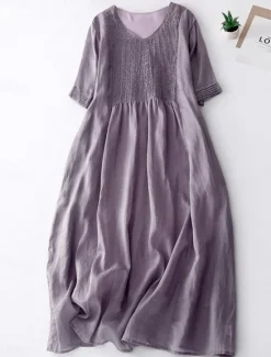 Discount Women's Cotton Linen Midi Dress A Line Dress Summer Dress Casual Daily Regular Fit Plain Half Sleeve Crew Neck White Blue Purple Green Summer Women Dresses|Casual Dress