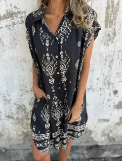 New Women's Cotton Linen Mini Dress Shirt Dress Elegant Dress Basic Casual Vacation Daily Regular Fit Graphic Short Sleeve Shirt Collar Black Green Apricot Summer Women Dresses
