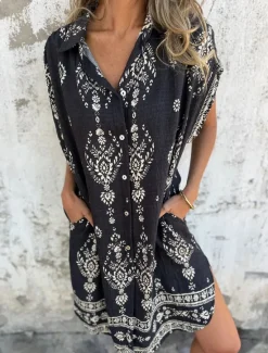 New Women's Cotton Linen Mini Dress Shirt Dress Elegant Dress Basic Casual Vacation Daily Regular Fit Graphic Short Sleeve Shirt Collar Black Green Apricot Summer Women Dresses