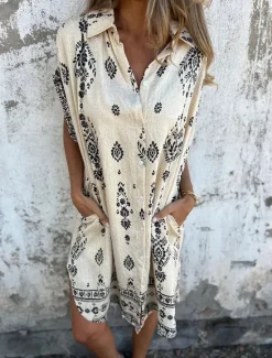 New Women's Cotton Linen Mini Dress Shirt Dress Elegant Dress Basic Casual Vacation Daily Regular Fit Graphic Short Sleeve Shirt Collar Black Green Apricot Summer Women Dresses