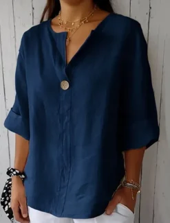 Women's Cotton Linen Mini Dress Shirt Dress Basic Casual Vacation Daily Regular Fit Plain 3/4 Length Sleeve V Neck Black White Red Green Summer Women Shirts