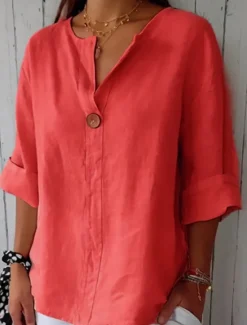 Women's Cotton Linen Mini Dress Shirt Dress Basic Casual Vacation Daily Regular Fit Plain 3/4 Length Sleeve V Neck Black White Red Green Summer Women Shirts