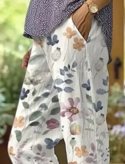 Women's Cotton Linen Pants Baggy Pants Linen Like Beach Shorts Vacation Vintage Fashion Full Length High Waist Floral Graphic Printing Breathable Soft Micro-elastic Vacation Causal Casual Women Pants