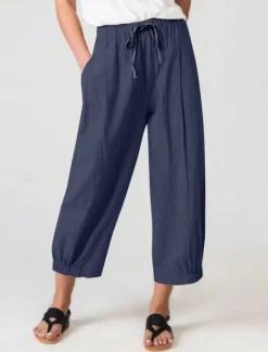 Outlet Women's Cotton Linen Pants Chinos Classic Casual Full Length High Waist Plain Pocket Elastic Waistband Comfy Soft Comfortable Micro-elastic Outdoor Street Navy-blue Light Gray Summer Spring Regular Women Pants
