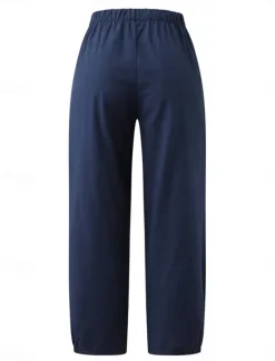 Outlet Women's Cotton Linen Pants Chinos Classic Casual Full Length High Waist Plain Pocket Elastic Waistband Comfy Soft Comfortable Micro-elastic Outdoor Street Navy-blue Light Gray Summer Spring Regular Women Pants