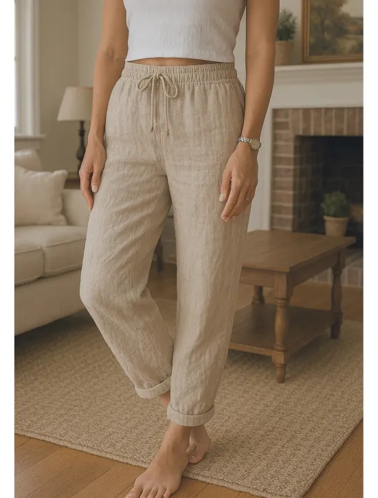 Outlet Women's Cotton Linen Pants Comfort Full Length High Waist Plain Pocket Elastic Waistband Comfy Outdoor Comfortable Daily Wear Black White Red Green Summer Regular Fit Women Pants