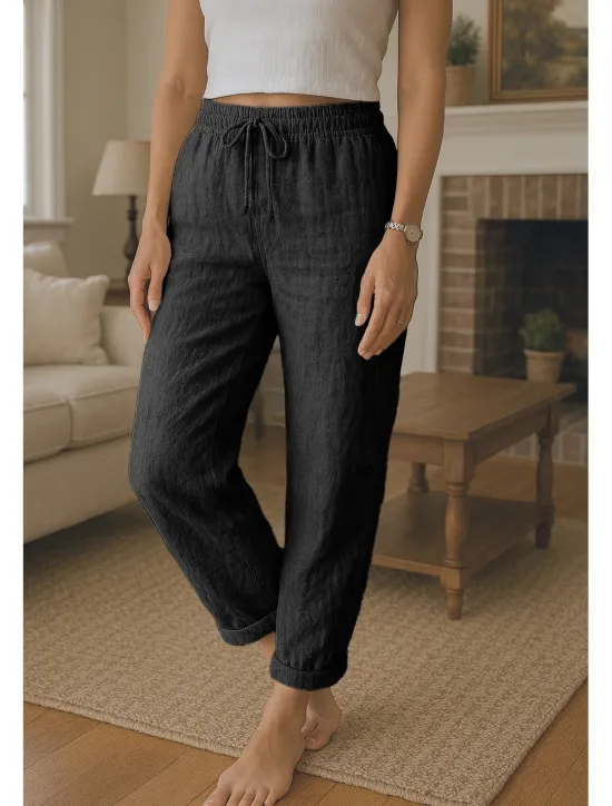 Outlet Women's Cotton Linen Pants Comfort Full Length High Waist Plain Pocket Elastic Waistband Comfy Outdoor Comfortable Daily Wear Black White Red Green Summer Regular Fit Women Pants
