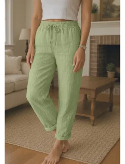 Outlet Women's Cotton Linen Pants Comfort Full Length High Waist Plain Pocket Elastic Waistband Comfy Outdoor Comfortable Daily Wear Black White Red Green Summer Regular Fit Women Pants