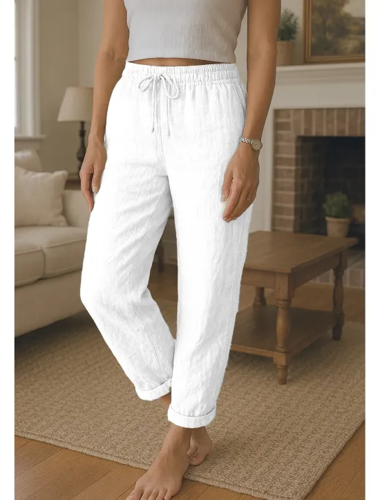 Outlet Women's Cotton Linen Pants Comfort Full Length High Waist Plain Pocket Elastic Waistband Comfy Outdoor Comfortable Daily Wear Black White Red Green Summer Regular Fit Women Pants
