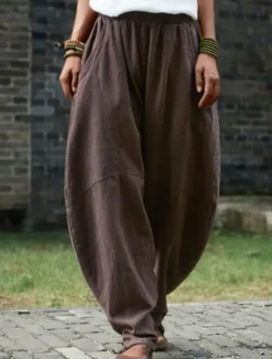 Sale Women's Cotton Linen Pants Chinos Pants Trousers Simple Casual Full Length High Waist Plain Pocket Elastic Waist Baggy Comfort Breathability Soft Micro-elastic Vacation Street Daily Cuticolor Black Women Pants