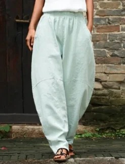 Sale Women's Cotton Linen Pants Chinos Pants Trousers Simple Casual Full Length High Waist Plain Pocket Elastic Waist Baggy Comfort Breathability Soft Micro-elastic Vacation Street Daily Cuticolor Black Women Pants