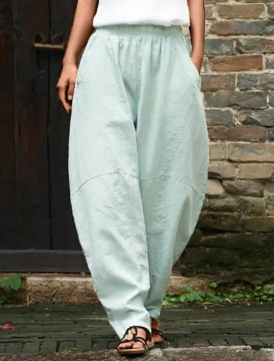 Sale Women's Cotton Linen Pants Chinos Pants Trousers Simple Casual Full Length High Waist Plain Pocket Elastic Waist Baggy Comfort Breathability Soft Micro-elastic Vacation Street Daily Cuticolor Black Women Pants
