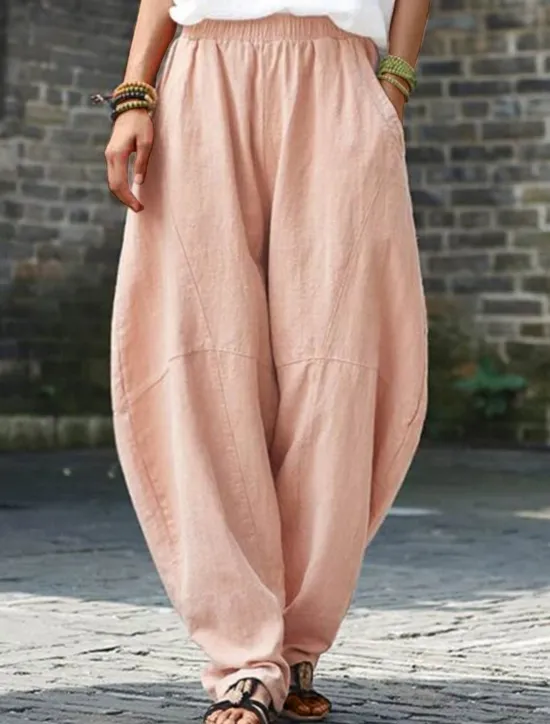 Sale Women's Cotton Linen Pants Chinos Pants Trousers Simple Casual Full Length High Waist Plain Pocket Elastic Waist Baggy Comfort Breathability Soft Micro-elastic Vacation Street Daily Cuticolor Black Women Pants