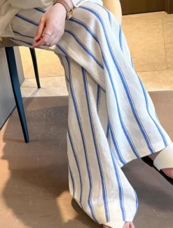 Hot Women's Cotton Linen Pants Culottes Wide Leg Vacation Vintage Ethnic Style Full Length Mid Waist Striped Drawstring Pocket Elastic Waist Comfy Breathability Soft Inelastic Vacation Home Street Blue Women Pants