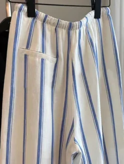 Hot Women's Cotton Linen Pants Culottes Wide Leg Vacation Vintage Ethnic Style Full Length Mid Waist Striped Drawstring Pocket Elastic Waist Comfy Breathability Soft Inelastic Vacation Home Street Blue Women Pants