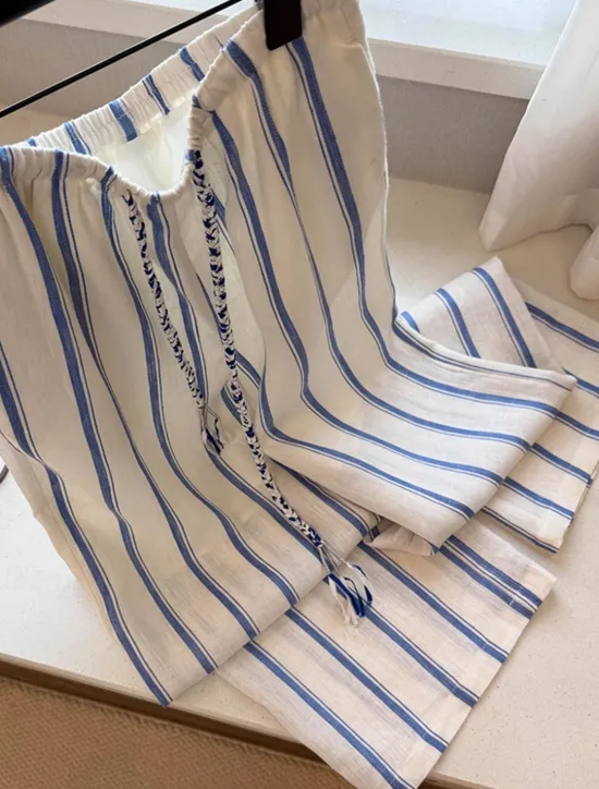 Hot Women's Cotton Linen Pants Culottes Wide Leg Vacation Vintage Ethnic Style Full Length Mid Waist Striped Drawstring Pocket Elastic Waist Comfy Breathability Soft Inelastic Vacation Home Street Blue Women Pants