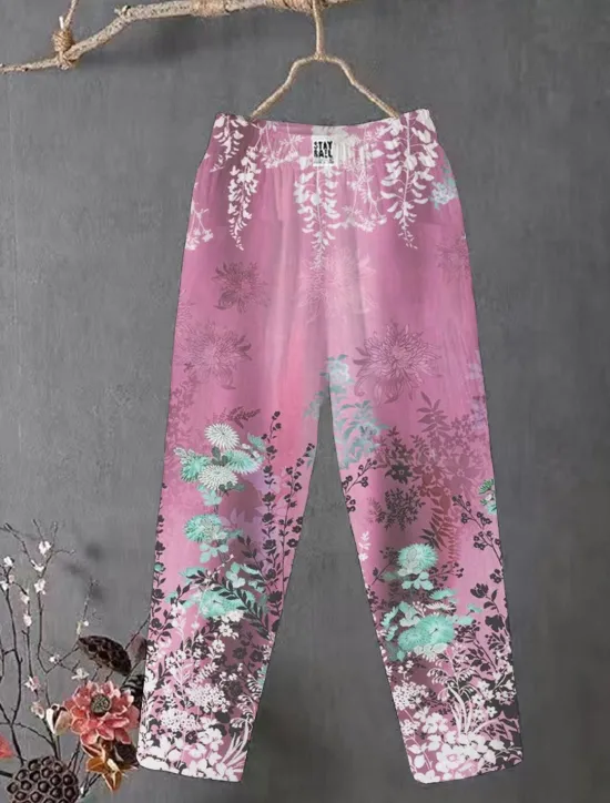 Sale Women's Cotton Linen Pants Slacks Baggy Pants Comfort Chino Ankle-Length Medium Waist Flower Pocket Baggy Print Breathability Micro-elastic Outdoor Daily Light Pink Light Green Light Purple Light Blue Women Pants