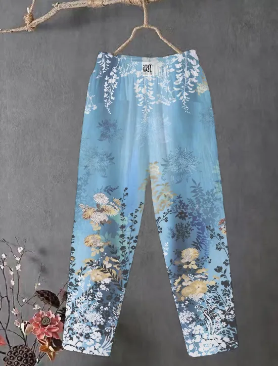 Sale Women's Cotton Linen Pants Slacks Baggy Pants Comfort Chino Ankle-Length Medium Waist Flower Pocket Baggy Print Breathability Micro-elastic Outdoor Daily Light Pink Light Green Light Purple Light Blue Women Pants