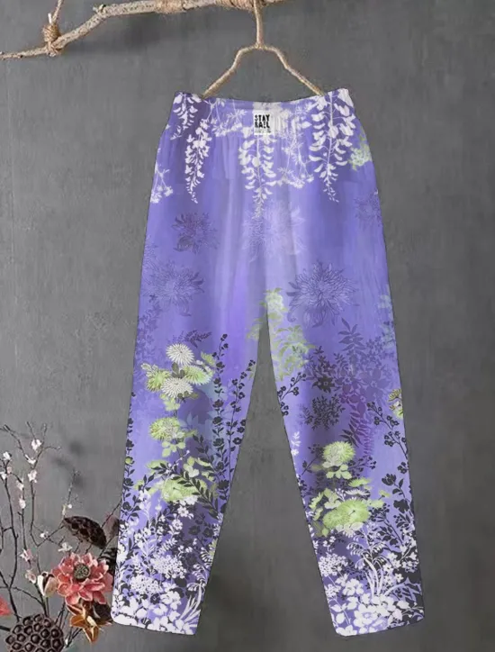 Sale Women's Cotton Linen Pants Slacks Baggy Pants Comfort Chino Ankle-Length Medium Waist Flower Pocket Baggy Print Breathability Micro-elastic Outdoor Daily Light Pink Light Green Light Purple Light Blue Women Pants