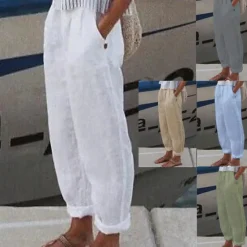 Hot Women's Cotton Linen Pants High Waist Solid Color Wide Leg Breathable Quick Dry Soft Micro-elastic Athletic Casual Athleisure White Blue Green Khaki Spring Fall Loose Fit Women Pants