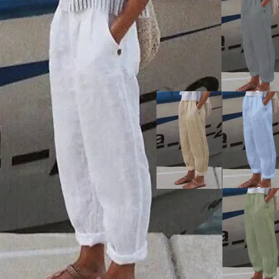 Hot Women's Cotton Linen Pants High Waist Solid Color Wide Leg Breathable Quick Dry Soft Micro-elastic Athletic Casual Athleisure White Blue Green Khaki Spring Fall Loose Fit Women Pants