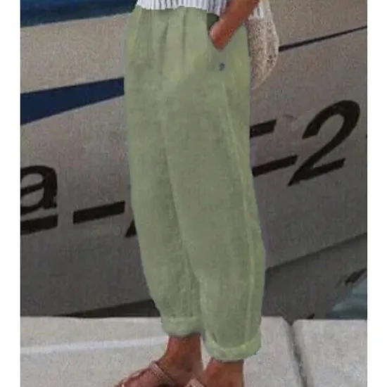 Hot Women's Cotton Linen Pants High Waist Solid Color Wide Leg Breathable Quick Dry Soft Micro-elastic Athletic Casual Athleisure White Blue Green Khaki Spring Fall Loose Fit Women Pants