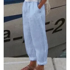 Hot Women's Cotton Linen Pants High Waist Solid Color Wide Leg Breathable Quick Dry Soft Micro-elastic Athletic Casual Athleisure White Blue Green Khaki Spring Fall Loose Fit Women Pants