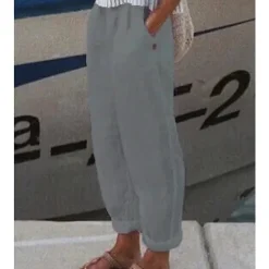 Hot Women's Cotton Linen Pants High Waist Solid Color Wide Leg Breathable Quick Dry Soft Micro-elastic Athletic Casual Athleisure White Blue Green Khaki Spring Fall Loose Fit Women Pants