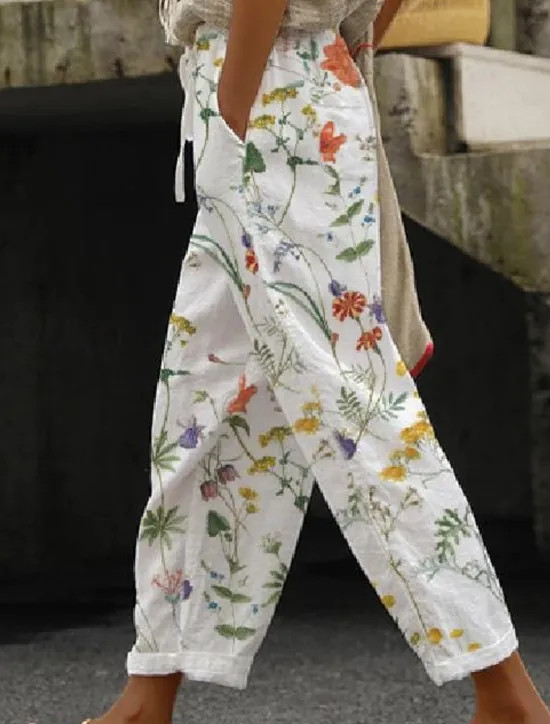 Sale Women's Cotton Linen Pants Baggy Pants Linen Like Vintage Casual Ankle-Length Floral Drawstring Side Pockets Print Comfort Inelastic Casual Daily Summer Spring Fall Regular Fit Women Pants