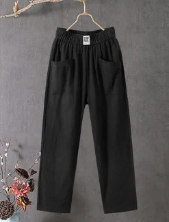 Best Women's Cotton Linen Pants Slacks Baggy Pants Solid Classic Ankle-Length Mid Waist Pocket Baggy Elastic Drawstring Design Comfort Breathability Soft Micro-elastic Dailywear Casual Black White Red Women Pants