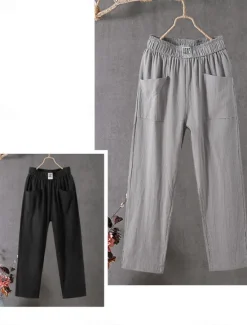 Best Women's Cotton Linen Pants Slacks Baggy Pants Solid Classic Ankle-Length Mid Waist Pocket Baggy Elastic Drawstring Design Comfort Breathability Soft Micro-elastic Dailywear Casual Black White Red Women Pants