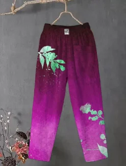 Women's Cotton Linen Pants Slacks Baggy Pants Comfort Chino Ankle-Length Medium Waist Flower Pocket Baggy Print Breathability Micro-elastic Outdoor Daily Navy Dark Pink Regency Green All Seasons Women Pants