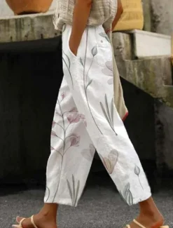 Online Women's Cotton Linen Pants Baggy Pants Linen Like Elegant Vintage Fashion Full Length High Waist Floral Printing Breathable Soft Micro-elastic Outdoor Daily Linen Like Regular Fit Women Pants