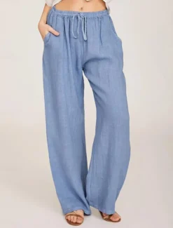 Clearance Women's Cotton Linen Pants Comfort Pure Color Pocket Elastic Waist Breathable Micro-elastic Home Black White Wine Navy Blue Summer Women Pants