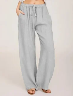 Clearance Women's Cotton Linen Pants Comfort Pure Color Pocket Elastic Waist Breathable Micro-elastic Home Black White Wine Navy Blue Summer Women Pants