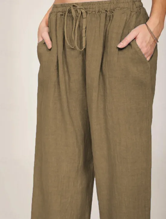Clearance Women's Cotton Linen Pants Comfort Pure Color Pocket Elastic Waist Breathable Micro-elastic Home Black White Wine Navy Blue Summer Women Pants
