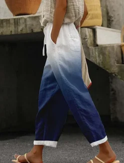 Online Women's Cotton Linen Pants Pants Trousers Lightweight Casual Full Length Mid Rise Color Block Pocket Drawstring Breathability Comfortable Inelastic Casual Daily Weekend Azure Pink Summer Spring Women Pants