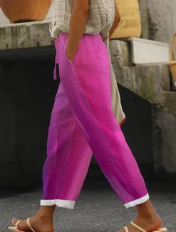 Online Women's Cotton Linen Pants Pants Trousers Lightweight Casual Full Length Mid Rise Color Block Pocket Drawstring Breathability Comfortable Inelastic Casual Daily Weekend Azure Pink Summer Spring Women Pants