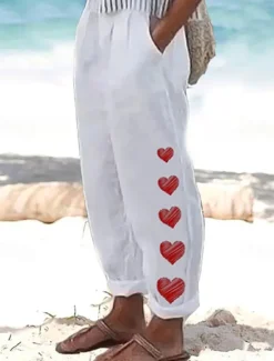 Hot Women's Cotton Linen Pants Baggy Pants Linen Like Vintage Casual Full Length Heart Floral Butterfly Side Pockets Baggy Print Comfort Inelastic Vacation Daily White Yellow Red Blue Fall Regular Fit Women Pants