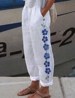 Hot Women's Cotton Linen Pants Baggy Pants Linen Like Vintage Casual Full Length Heart Floral Butterfly Side Pockets Baggy Print Comfort Inelastic Vacation Daily White Yellow Red Blue Fall Regular Fit Women Pants