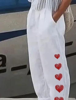 Hot Women's Cotton Linen Pants Baggy Pants Linen Like Vintage Casual Full Length Heart Floral Butterfly Side Pockets Baggy Print Comfort Inelastic Vacation Daily White Yellow Red Blue Fall Regular Fit Women Pants