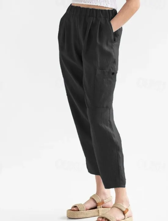 Hot Women's Cotton Linen Pants Pants Trousers Palazzo Pants Fashion Streetwear Comfort Full Length High Waist Plain Elastic Waist Comfy Outdoor Comfortable Street Daily Wear Going out Dark Grey Black Women Pants